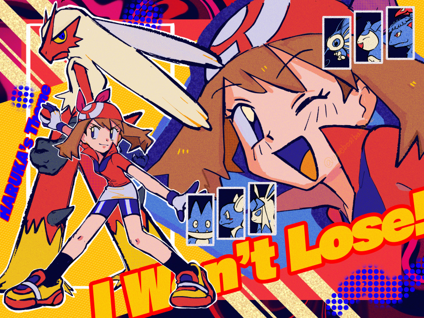 1girl, ;d, bandana, beautifly, blaziken, brown_hair, closed_mouth, commentary_request