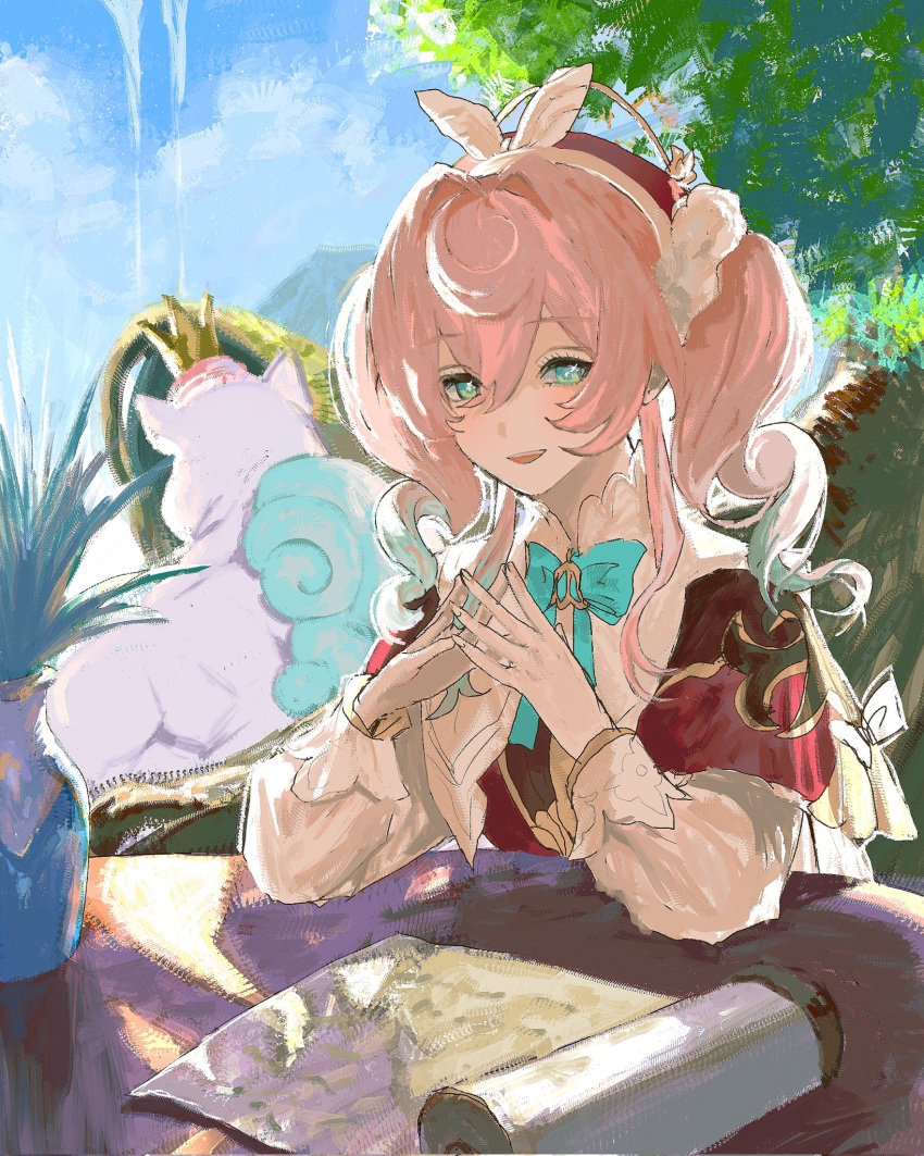 1girl, aqua_eyes, aqua_hair, beret, creature, crown, dress, drill_hair, hair_between_eyes, hat, highres, honkai:_star_rail, honkai_(series), hyacine_(honkai:_star_rail), kisama_4535, little_ica_(honkai:_star_rail), long_hair, long_sleeves, looking_at_viewer, multicolored_hair, open_mouth, pink_hair, puffy_long_sleeves, puffy_sleeves, red_dress, red_hat, sitting, smile, solo, teeth, twin_drills, two-tone_hair, upper_body, upper_teeth_only, white_sleeves, yellow_pupils