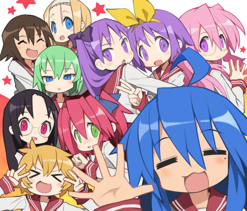 >_<, 6+girls, black_hair, blonde_hair, blue_eyes, blue_hair, blush, brown_hair