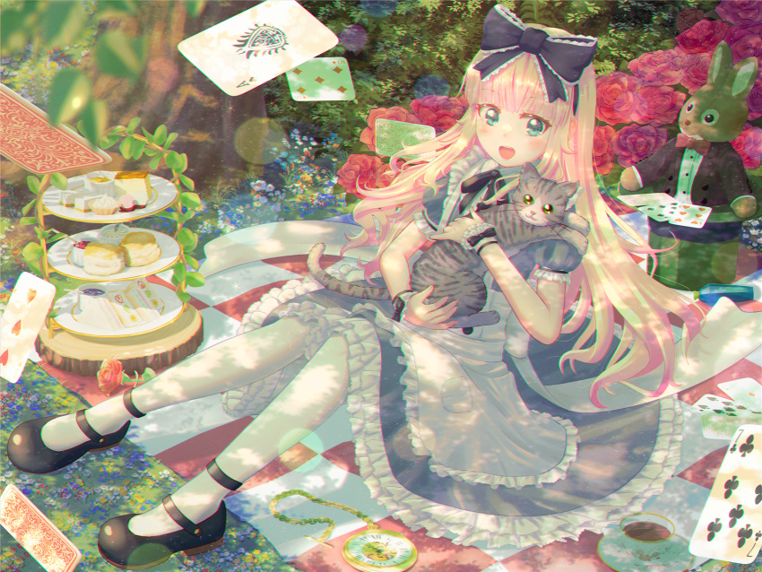1girl, alice's_adventures_in_wonderland, alice_(alice_in_wonderland), animal, aqua_eyes, black_ribbon, black_shoes, blonde_hair