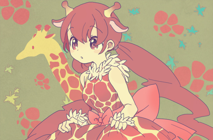 1girl, animal, animal_ears, animal_print, artist_request, back_bow, blush, bow, brown_hair, character_request, dress, extra_ears, feather_wrist_cuffs, feathered_collar, giraffe, giraffe_costume, giraffe_ears, giraffe_girl, giraffe_print, holding_own_dress, long_hair, ribbon, simple_background, third-party_source, twintails