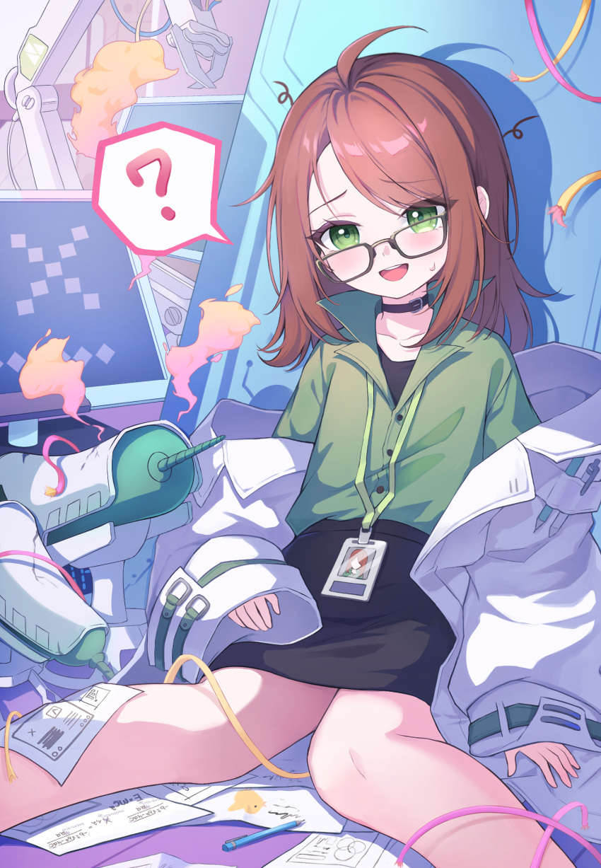 1girl, ?, ahoge, barbara_erlenwein, black_choker, black_skirt, black_survival, brown_hair