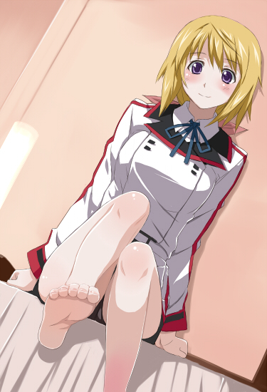 blonde_hair, blush, charlotte_dunois, feet, imo_works, infinite_stratos, legs, pov_feet, purple_eyes, ribbon, school_uniform, short_hair, sitting, smile, solo, violet_eyes
