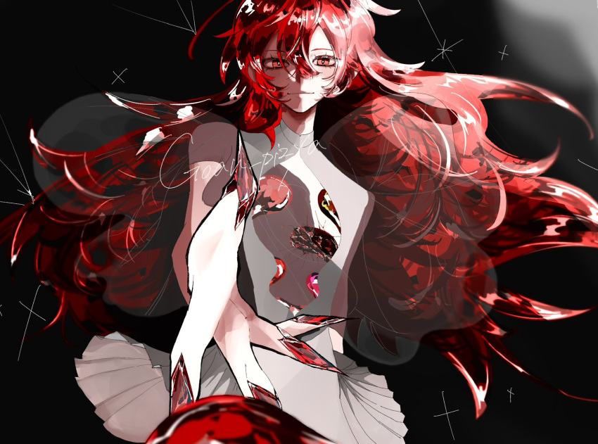 1other, black_background, cracked_skin, crystal_hair, dress, frilled_dress, frills, glint