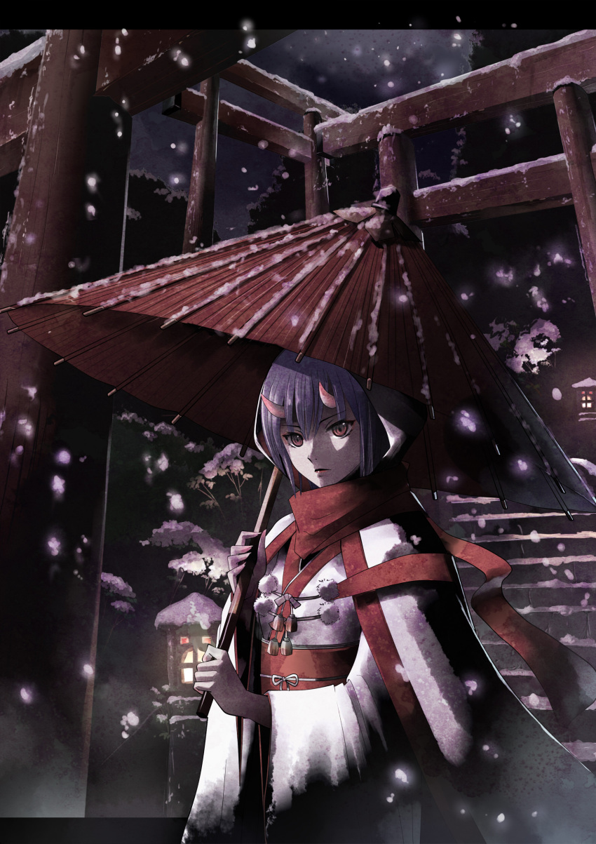 absurdres, cloak, demon_girl, highres, horns, japanese_clothes, kakuno, kimono