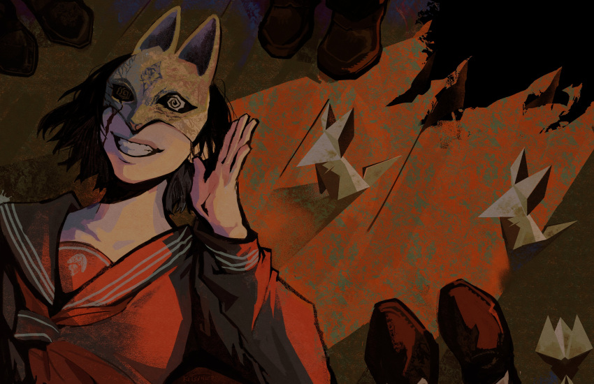 1girl, absurdres, blood, blood_on_face, fox_mask, glowing, glowing_eye, highres