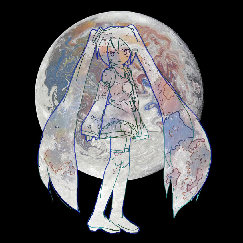 1girl, black_background, blush_stickers, detached_sleeves, dot_nose, full_body, full_moon, hair_between_eyes