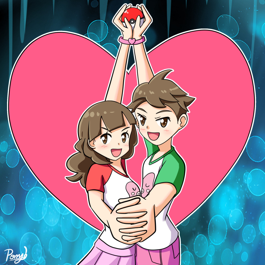 1boy, 1girl, arm_up, bracelet, brown_eyes, brown_hair, character_print, commentary_request