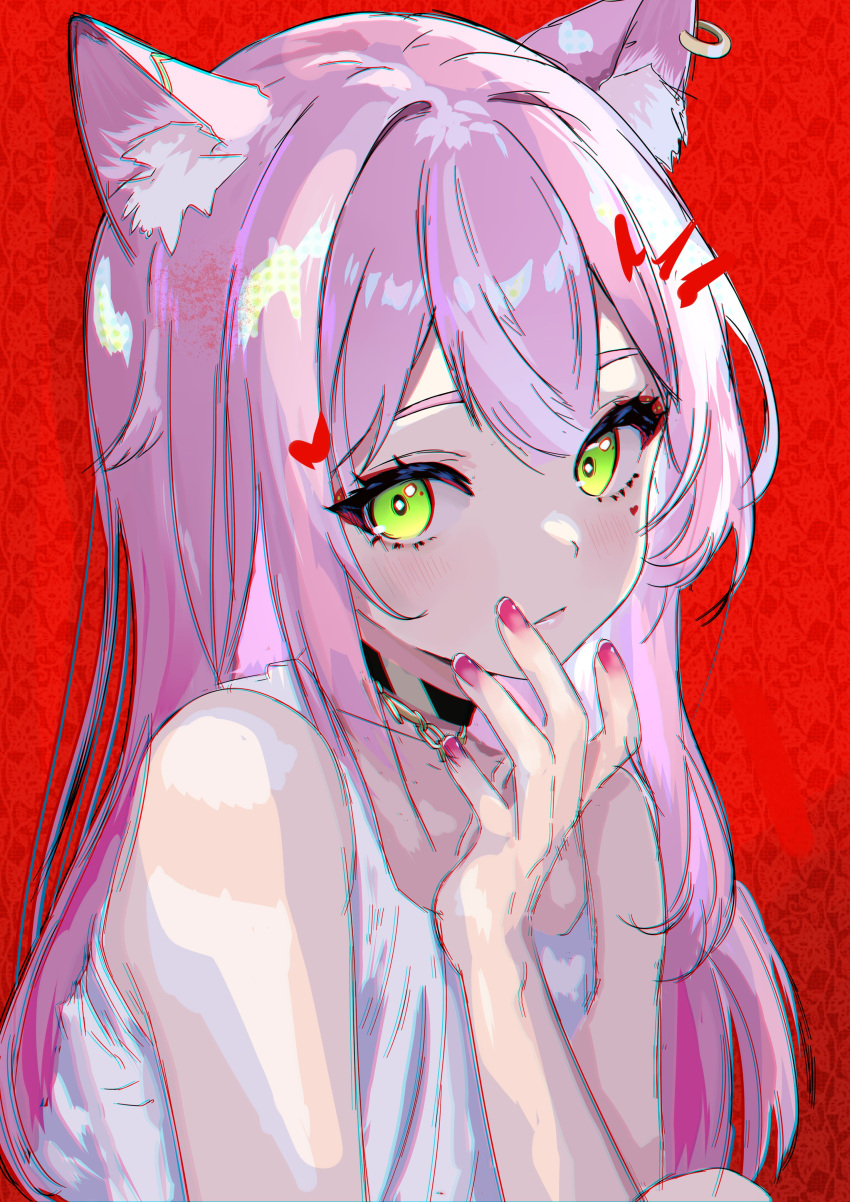 1girl, absurdres, animal_ear_fluff, animal_ear_piercing, animal_ears, bare_shoulders, black_choker, bright_pupils