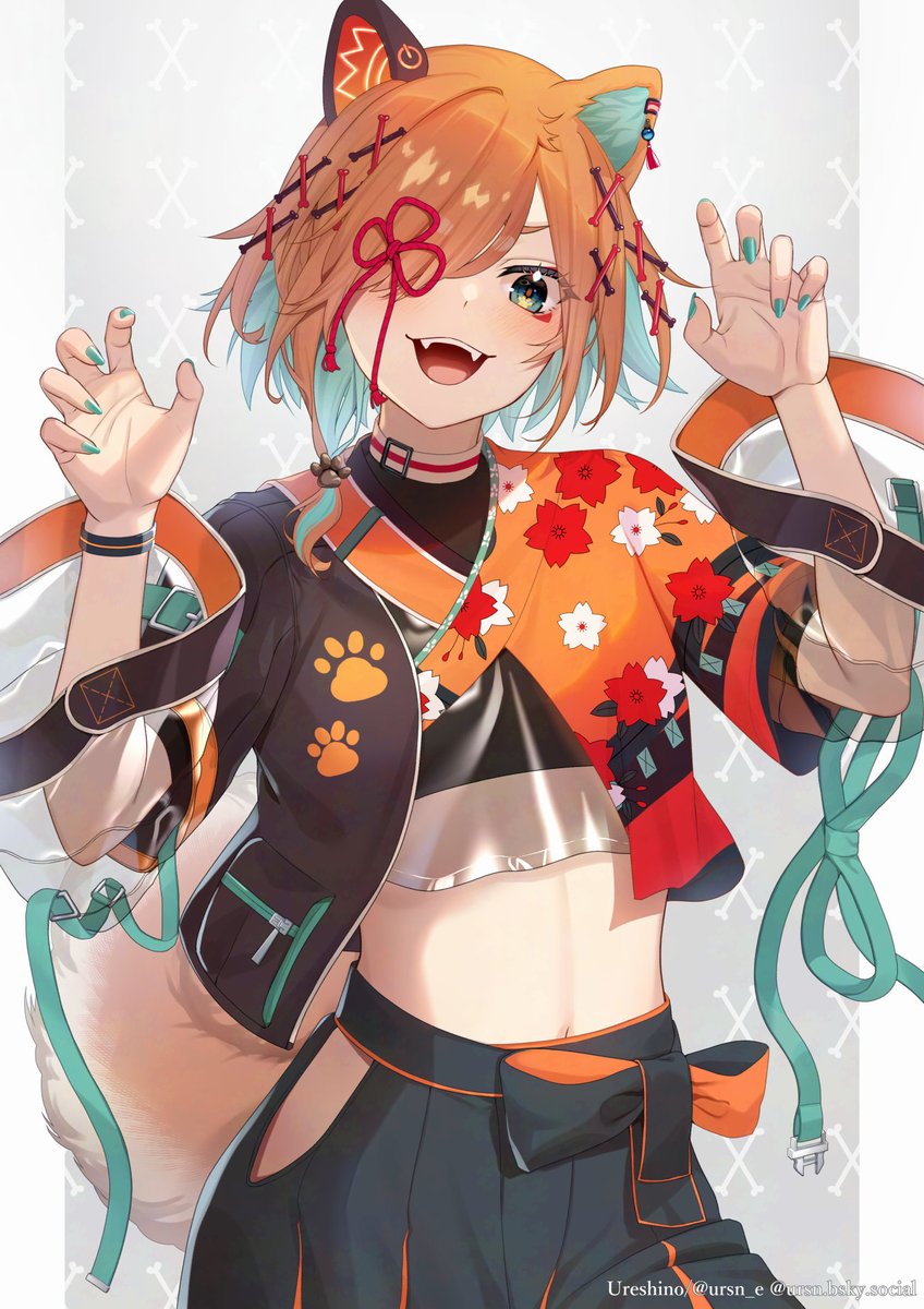 1girl, animal_ears, aqua_hair, aqua_nails, blue_eyes, bone_hair_ornament, colored_inner_hair, dog_ears