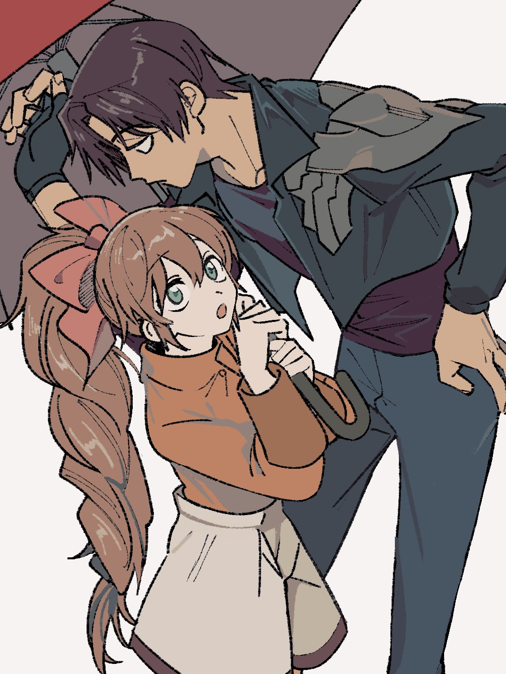 1boy, 1girl, bow, brown_hair, cowboy_shot, cropped_jacket, fingerless_gloves, gloves