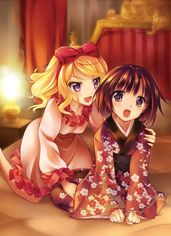 :d, :o, alice_blanche, bed, black_hair, blonde_hair, bow, dress