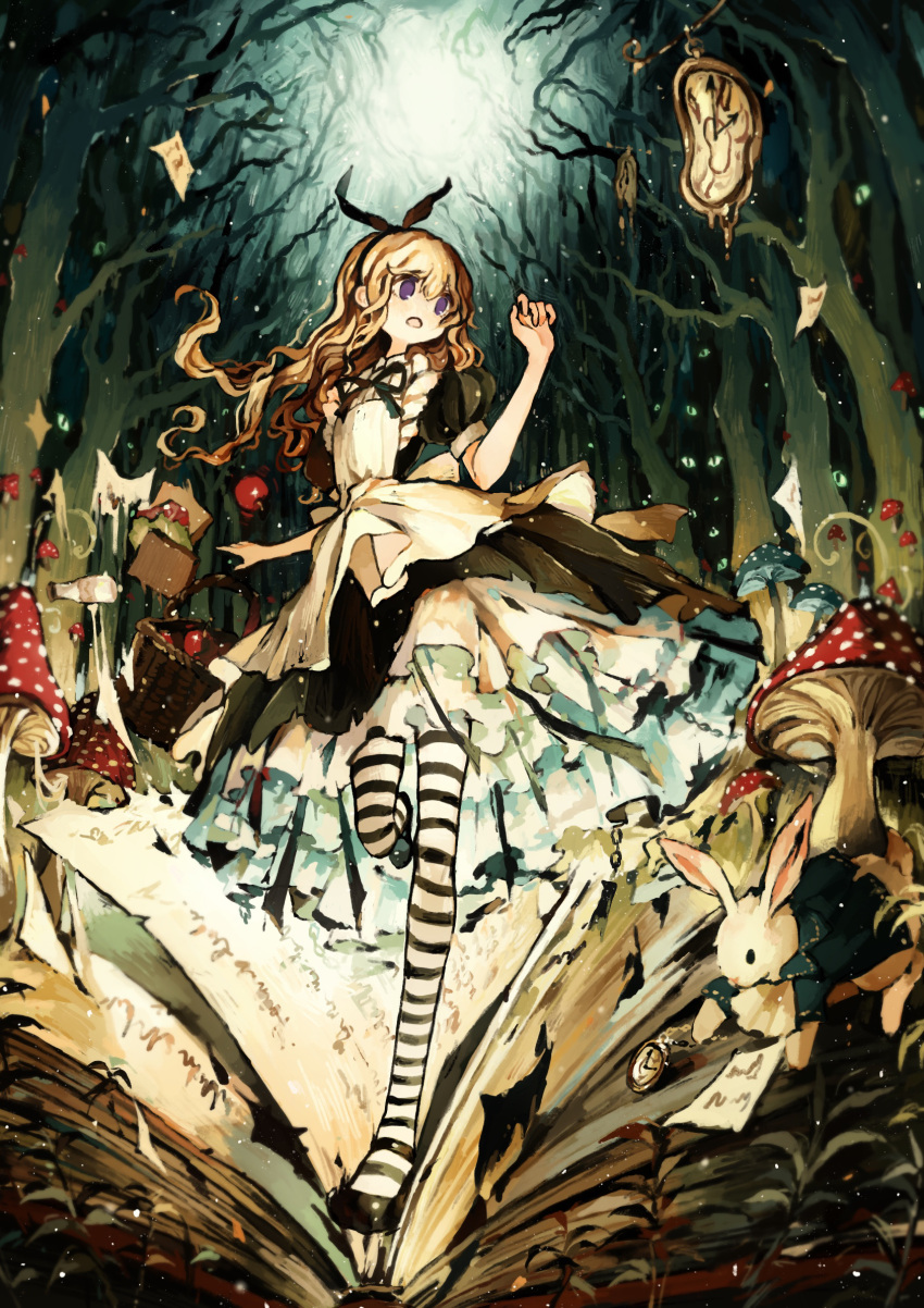 1girl, alice's_adventures_in_wonderland, alice_(alice_in_wonderland), apron, asterfield_(meiar), black_dress, black_shoes, blonde_hair