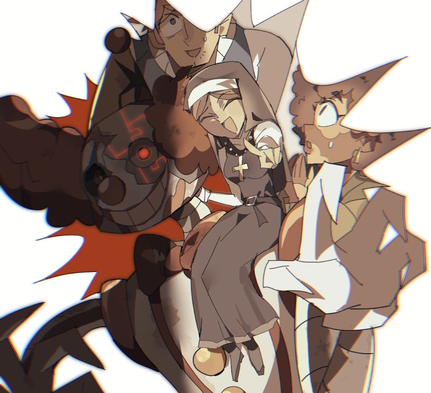 brown_hair, clown, cross, cross_necklace, disventure_camp, dokusuji_(kw9onou58), highres, isabel_carboni