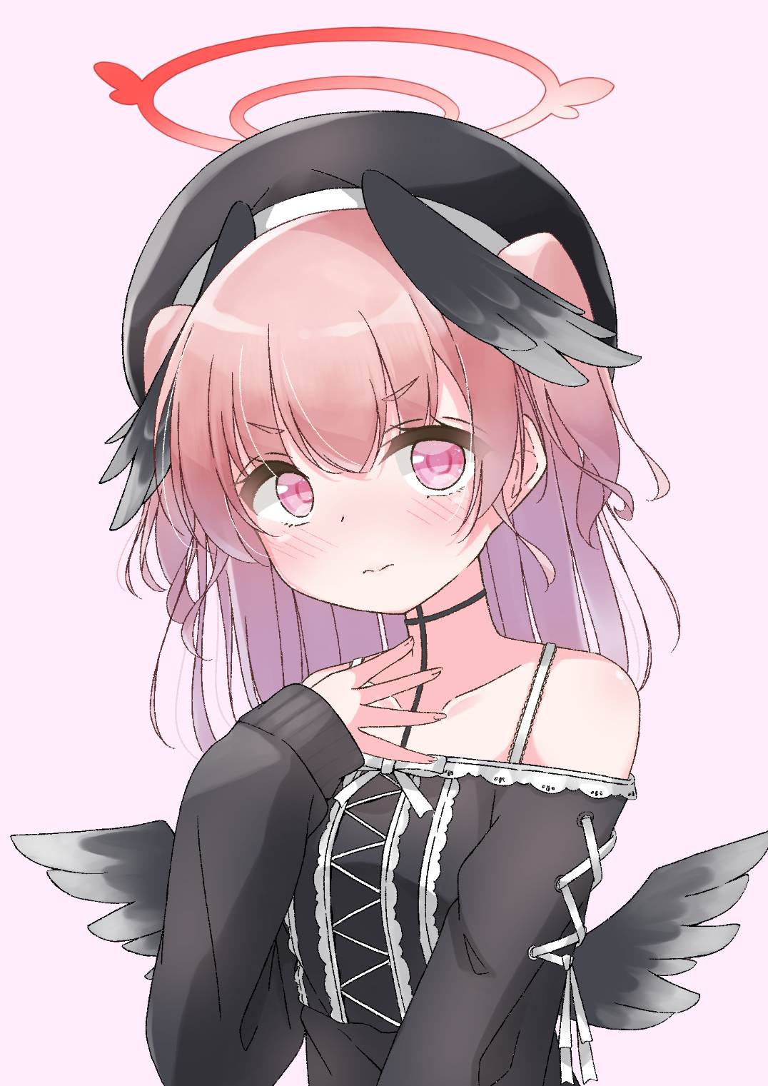 1girl, 3:, alternate_costume, alternate_hairstyle, bare_shoulders, beret, black_choker, black_hat