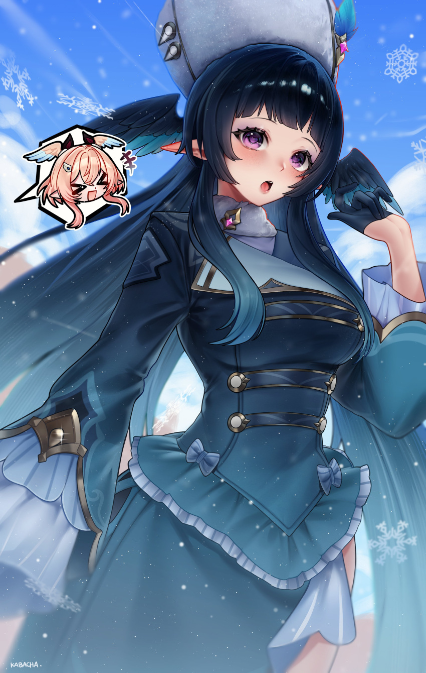 absurdres, aqua_hair, black_hair, blush, celaeno_(genshin_impact), disembodied_head, dress, frilled_sleeves