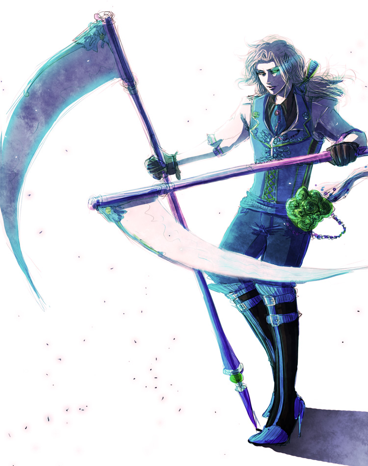 boots, bow, dual_wielding, flower, glowing, glowing_eyes, green_flame, grey_hair, hair_bow, high_heels, kaori_tanaka, long_hair, male, pale_skin, ponytail, scythe, shoes, silver_hair, solo, tiger_&amp;_bunny, yuri_petrov