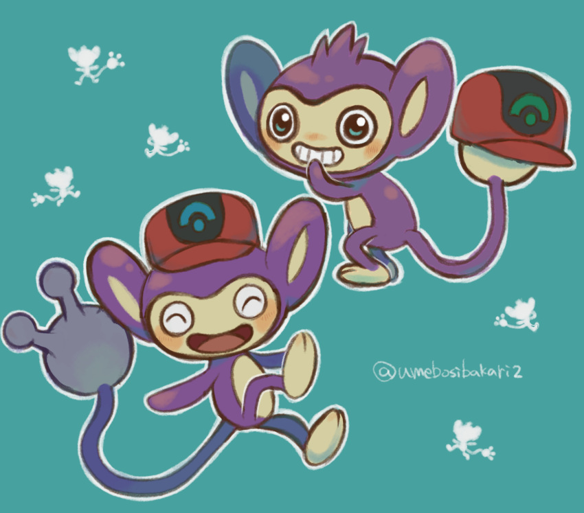 aipom, aqua_background, ash_ketchum, baseball_cap, blush, closed_eyes, clothed_pokemon, commentary_request