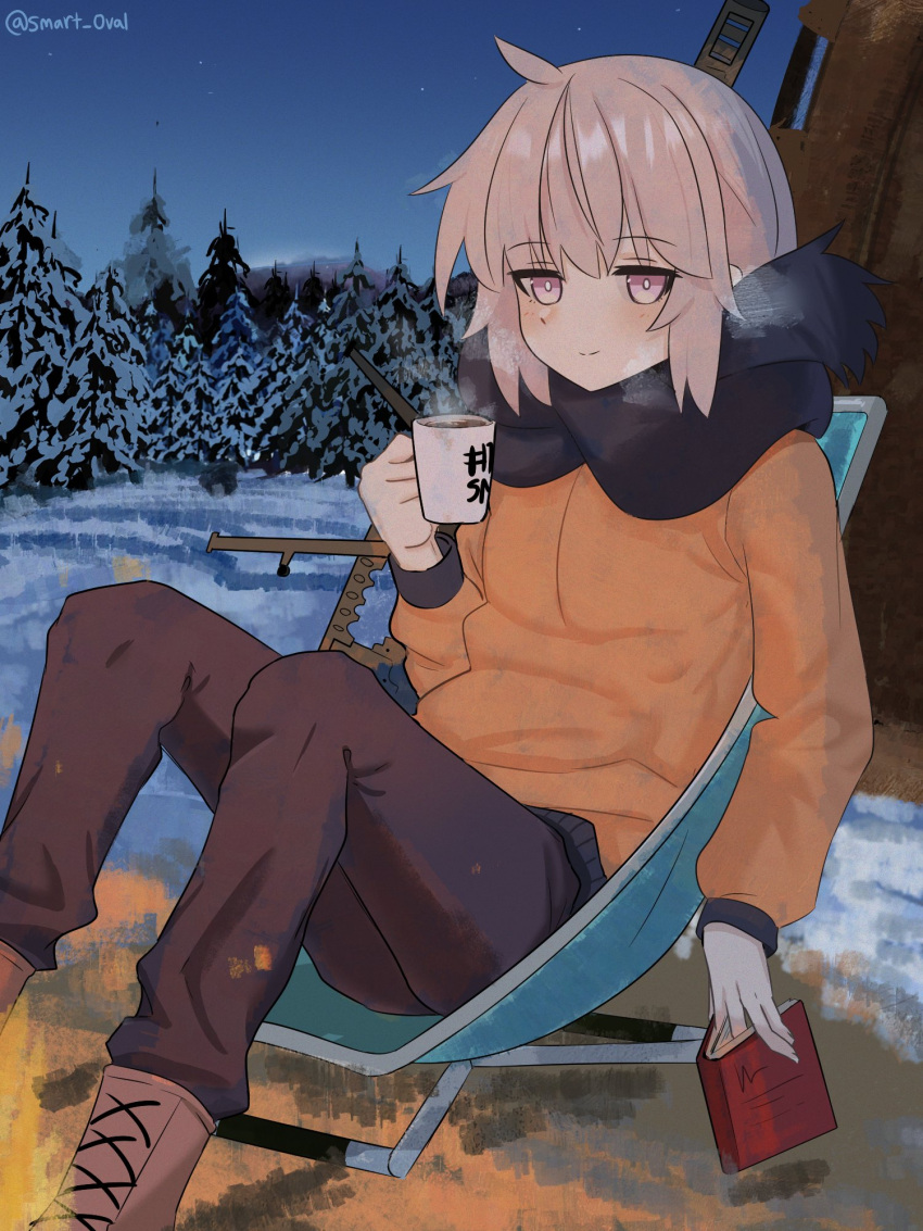 1girl, 408_day, ahoge, alternate_costume, black_scarf, blue_sky, blush, bolt_action, book, boots, brown_boots, brown_pants, campfire, chair, cheytac_m200, coat, commentary, cup, english_commentary, fire, full_body, girls_frontline, grey_hair, gun, hair_between_eyes, highres, holding, holding_book, holding_cup, hot_chocolate, knees_up, looking_at_viewer, m200_(girls'_frontline), mug, night, on_chair, orange_coat, outdoors, pants, pine_tree, rifle, scarf, sidelocks, sitting, sky, smart_oval, smile, sniper_rifle, snow, solo, star_(sky), tree, twitter_username, violet_eyes, weapon, winter_clothes
