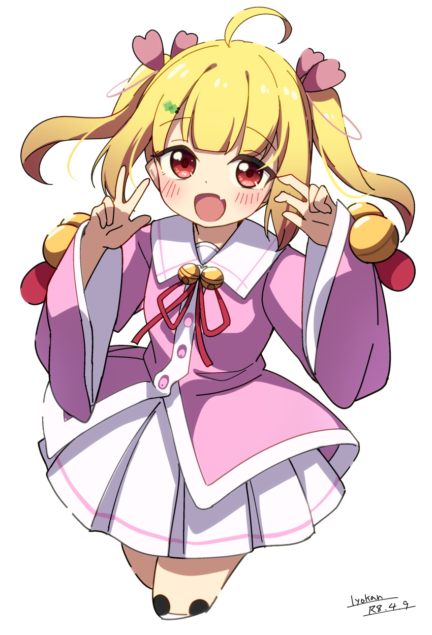 1girl, :d, absurdres, ahoge, bell, blonde_hair, blush, commentary_request