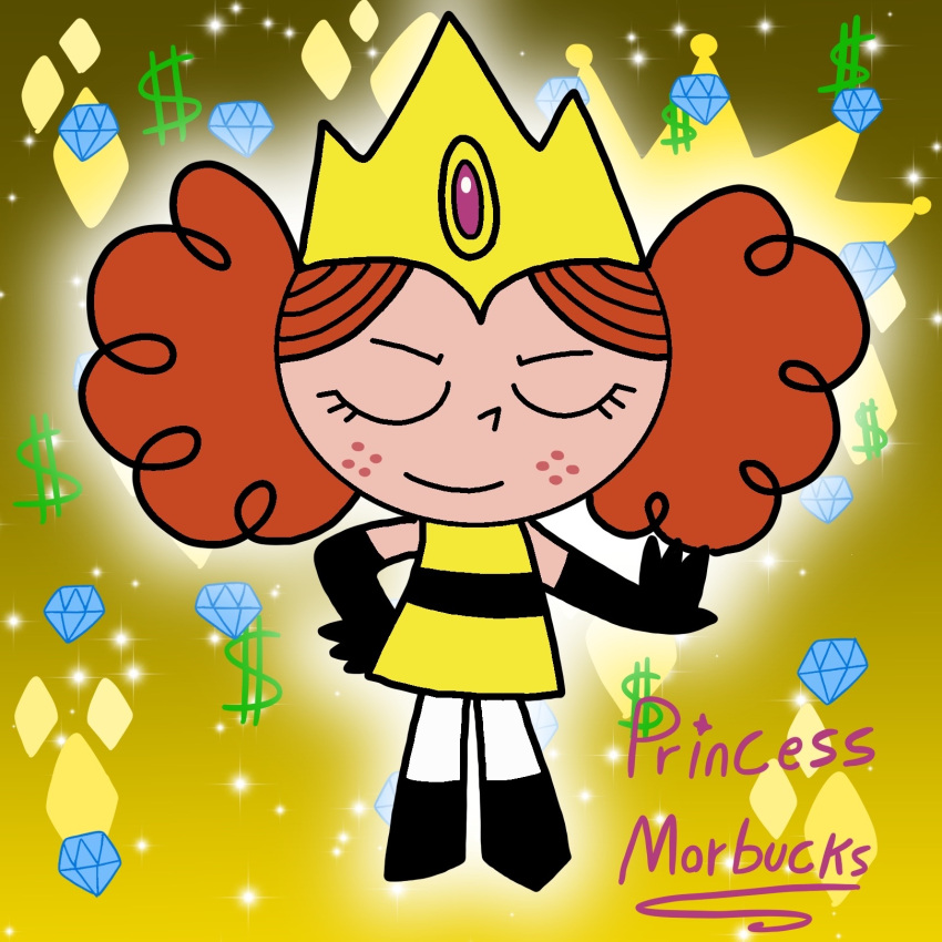 1girl, afro_puffs, black_gloves, black_shoes, character_name, child, closed_eyes, commentary, crown, dollar_sign, dress, elbow_gloves, english_commentary, freckles, full_body, gem, gem_(symbol), gloves, gold_crown, hand_on_own_hip, highres, kawaiigirl27, marker_(medium), orange_hair, outstretched_arm, pantyhose, powerpuff_girls, princess_morbucks, purple_gem, shoes, short_dress, sleeveless, smile, smug, sparkle_background, standing, toon_(style), traditional_media, white_pantyhose, yellow_background, yellow_dress