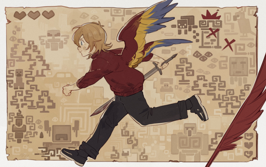 1boy, antenna_hair, bird_boy, bird_wings, black_pants, black_shoes, blood, blood_on_clothes