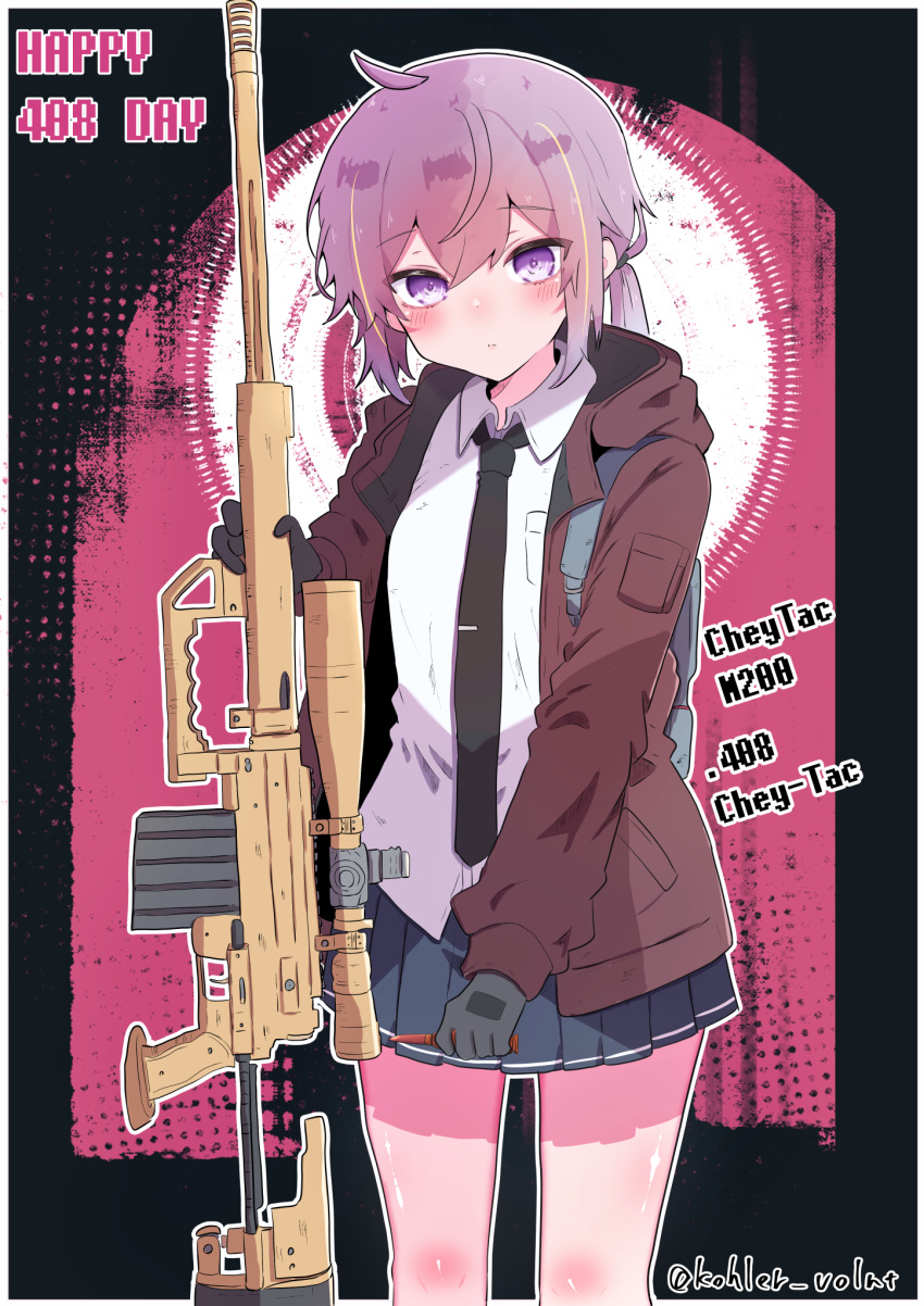 1girl, 408_day, ahoge, black_background, black_necktie, blue_skirt, blush, bolt_action, border, breast_pocket, brown_jacket, bullet, cheytac_m200, collared_shirt, commentary_request, cowboy_shot, double-parted_bangs, english_text, frown, girls_frontline, gloves, grey_gloves, grey_hair, gun, hair_between_eyes, highres, holding, holding_bullet, holding_gun, holding_weapon, hood, hood_down, hooded_jacket, jacket, long_hair, long_sleeves, looking_at_viewer, m200_(girls'_frontline), magazine_(weapon), miniskirt, muzzle_device, necktie, open_clothes, open_jacket, outline, outside_border, pink_background, pleated_skirt, pocket, ponytail, rifle, scope, shirt, sidelocks, skirt, sniper_rifle, solo, standing, tesura_(teslamk2), tie_clip, twitter_username, violet_eyes, weapon, weapon_name, white_background, white_border, white_outline, white_shirt