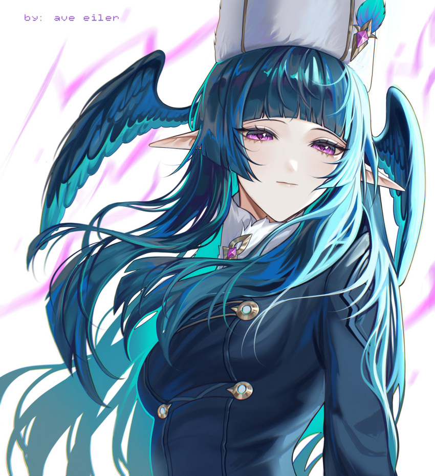 1girl, arched_bangs, ave_eiler_(eilerchan), blue_hair, breasts, celaeno_(genshin_impact), english_commentary, fur_collar