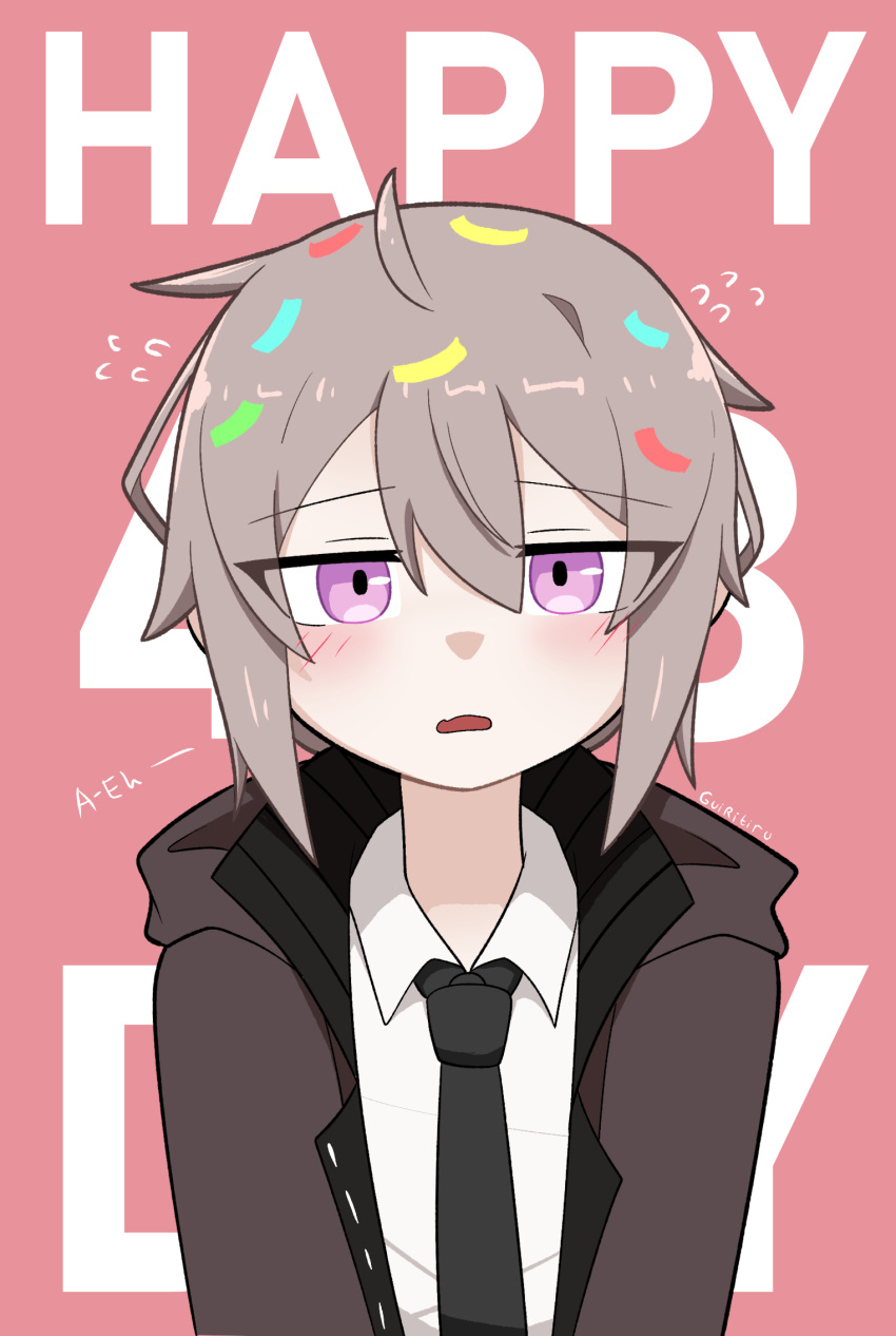 1girl, 408_day, ahoge, black_necktie, blush, brown_jacket, collared_shirt, confetti