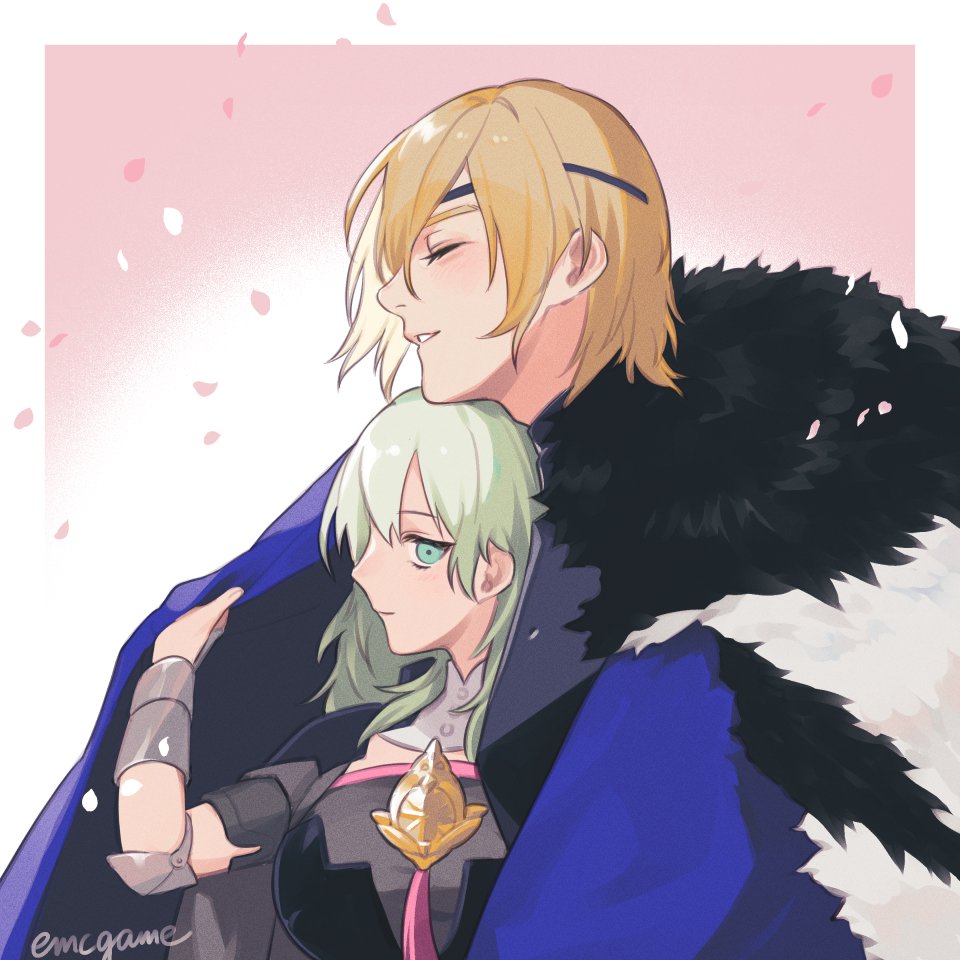 1boy, 1girl, artist_name, blonde_hair, blush, breasts, closed_eyes, coat
