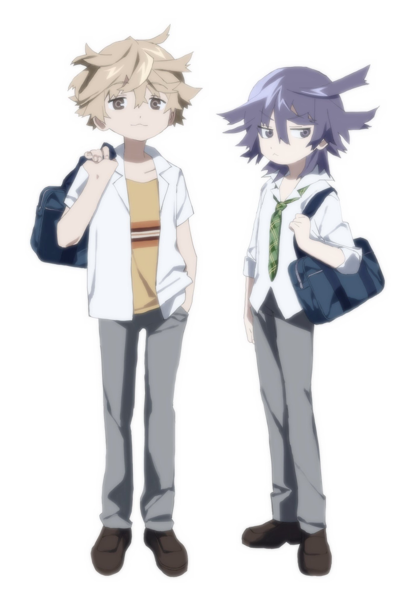 2boys, :3, bag, blonde_hair, blue_hair, collared_shirt, full_body, green_necktie
