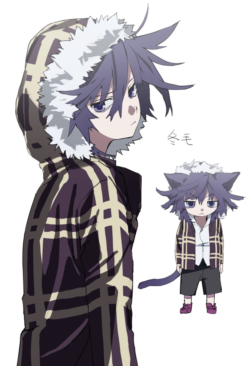 1boy, animal_ears, blue_eyes, blue_hair, cat_boy, cat_ears, cat_tail, chibi