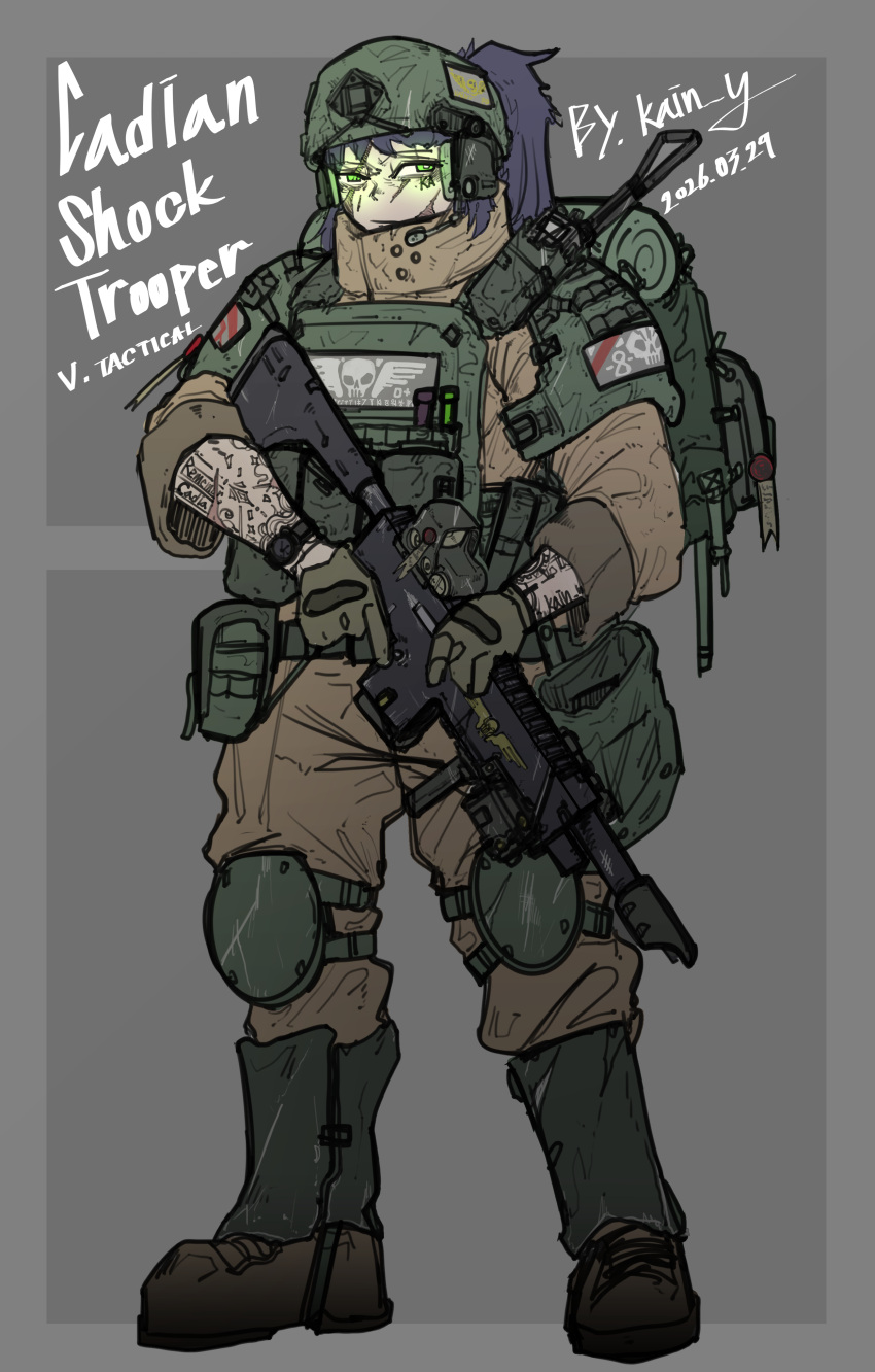 1girl, absurdres, arm_tattoo, armor, artist_name, astra_militarum, backpack, bag