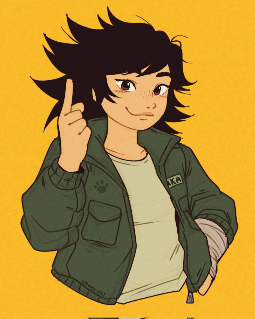 1girl, artist_name, black_hair, brown_eyes, cast, freckles, green_jacket, highres