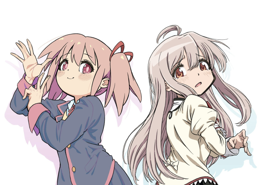 2girls, ahoge, ane_moire, cosplay, costume_switch, hair_ribbon, highres, kaname_madoka