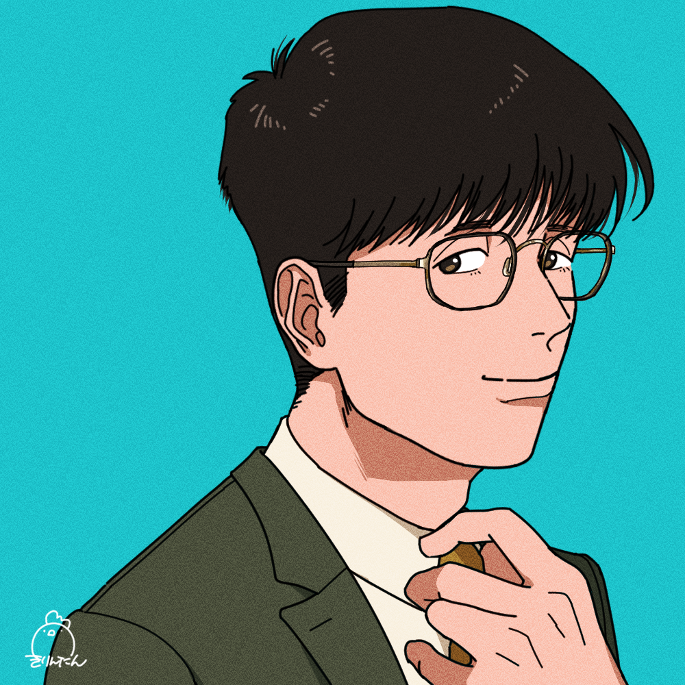 1boy, adjusting_clothes, adjusting_necktie, aqua_background, artist_name, black_hair, brown-framed_eyewear, brown_eyes
