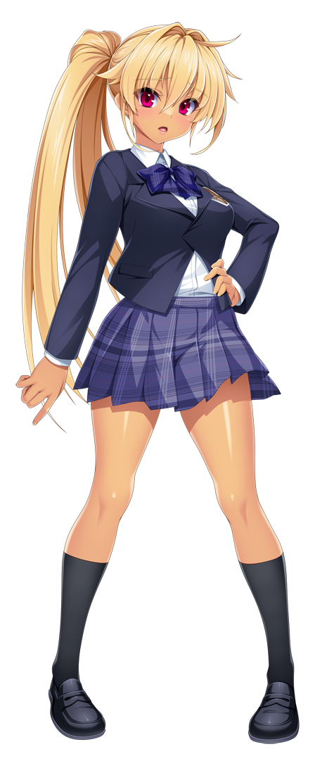 1girl, black_socks, blazer, blonde_hair, blue_skirt, blush, bow, bowtie