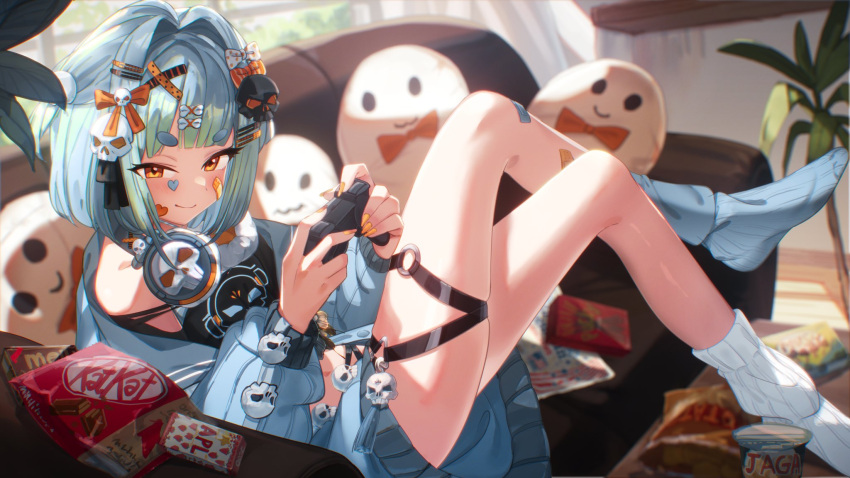 1girl, bandaid, bandaid_on_face, bandaid_on_leg, black_jacket, blue_garter_belt, blue_hair, blue_shirt