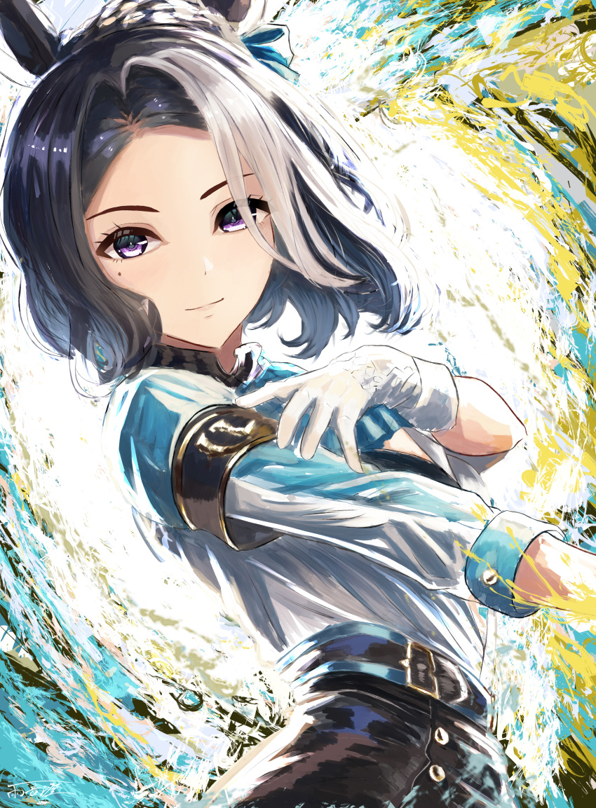 1girl, absurdres, animal_ears, aqua_ascot, ascot, belt, black_belt, black_hair