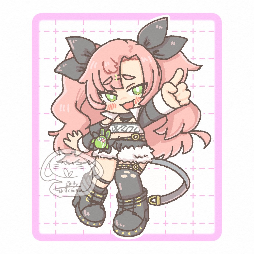 1girl, amillion_(zenless_zone_zero), bangboo_(zenless_zone_zero), black_boots, black_ribbon, boots, breasts, chibi