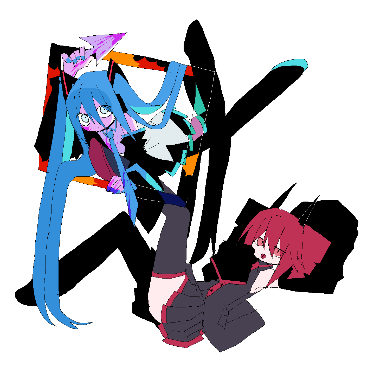 0843_oysm, 2girls, aqua_hair, aqua_nails, aqua_necktie, aqua_trim, black_boots, black_horns, black_skirt, blood, boots, collared_shirt, commentary, cursor, detached_sleeves, drill_hair, forked_tongue, full_body, hair_between_eyes, hatsune_miku, highres, horns, jaggy_lines, kasane_teto, kasane_teto_(utau), legs, long_hair, medium_hair, miniskirt, multiple_girls, nail_polish, necktie, pink_blood, red_eyes, red_hair, red_trim, shirt, simple_background, skirt, split_dance_(vocaloid), thigh_boots, tongue, twin_drills, twintails, untranslatable_commentary, utau, very_long_hair, vocaloid, white_background, wide-eyed