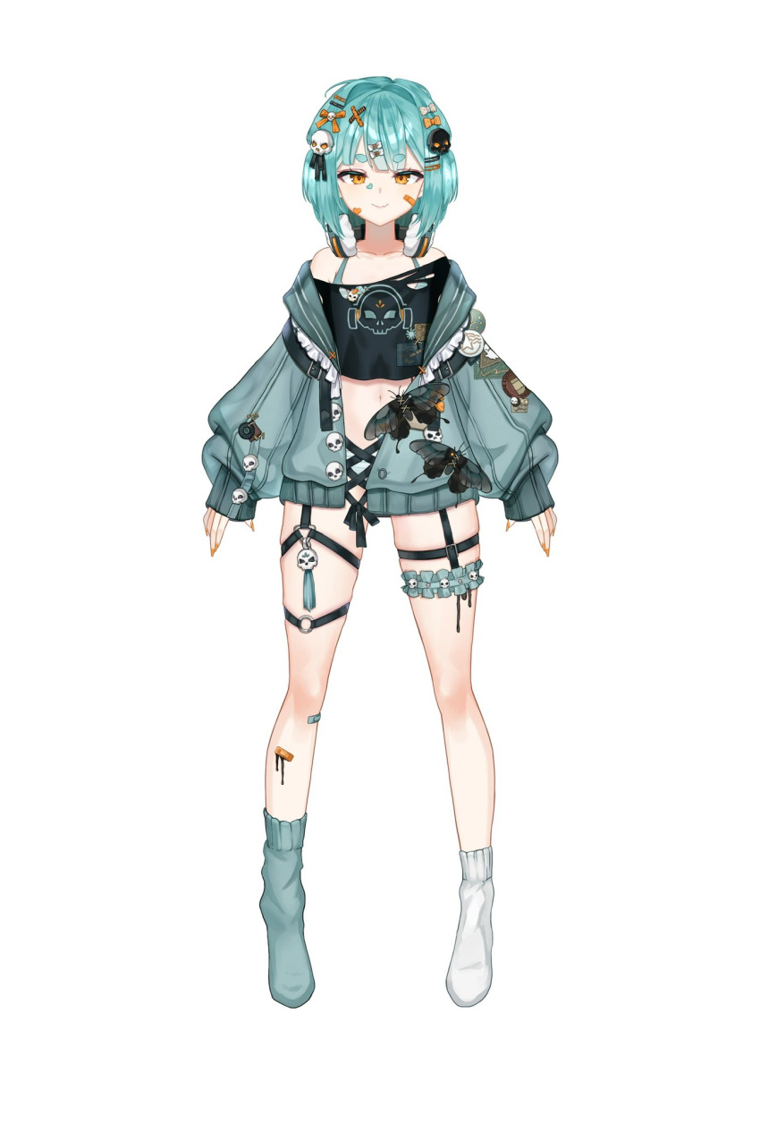 1girl, bandaid, bandaid_on_face, bandaid_on_leg, black_jacket, blue_garter_belt, blue_hair, blue_shirt