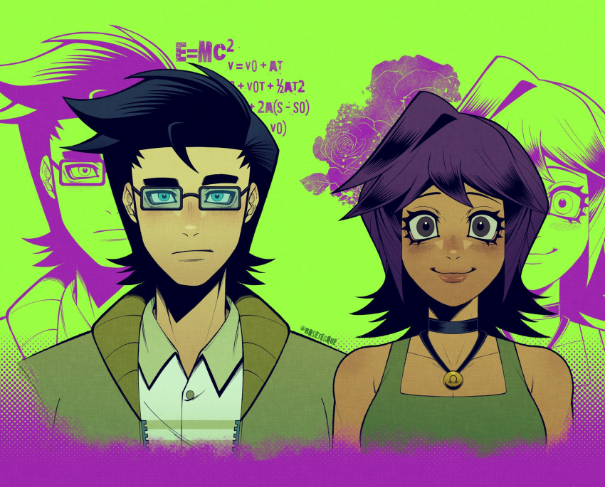 1boy, 1girl, black_hair, collared_shirt, disventure_camp, glasses, green_background, green_jacket