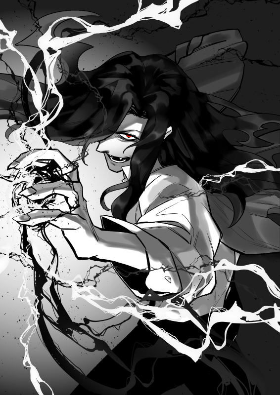 1boy, attack, collared_shirt, electricity, electrokinesis, evil_smile, fangs, fingernails, floating_hair, from_above, hair_over_one_eye, long_hair, long_sidelocks, looking_at_viewer, male_focus, michael_roa_valdamjong, monochrome, outstretched_hand, pants, pochinosuke, red_eyes, sharp_fingernails, shirt, sidelocks, smile, tsukihime, vampire, wavy_hair