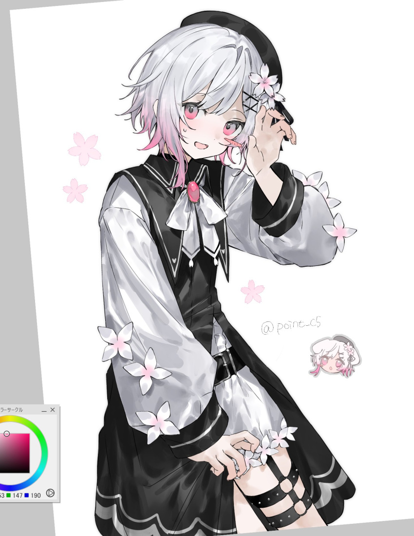 1girl, art_program_in_frame, belt, beret, black_hat, chibi, flower, gradient_hair, hair_flower, hair_ornament, hat, highres, long_sleeves, looking_at_viewer, mahou_shoujo_no_majo_saiban, multicolored_hair, o-ring, o-ring_thigh_strap, open_mouth, pink_eyes, poia, sakuraba_ema, shirt, short_hair, small_sweatdrop, smile, solo, thigh_strap, twitter_username, white_flower, white_hair, x_hair_ornament