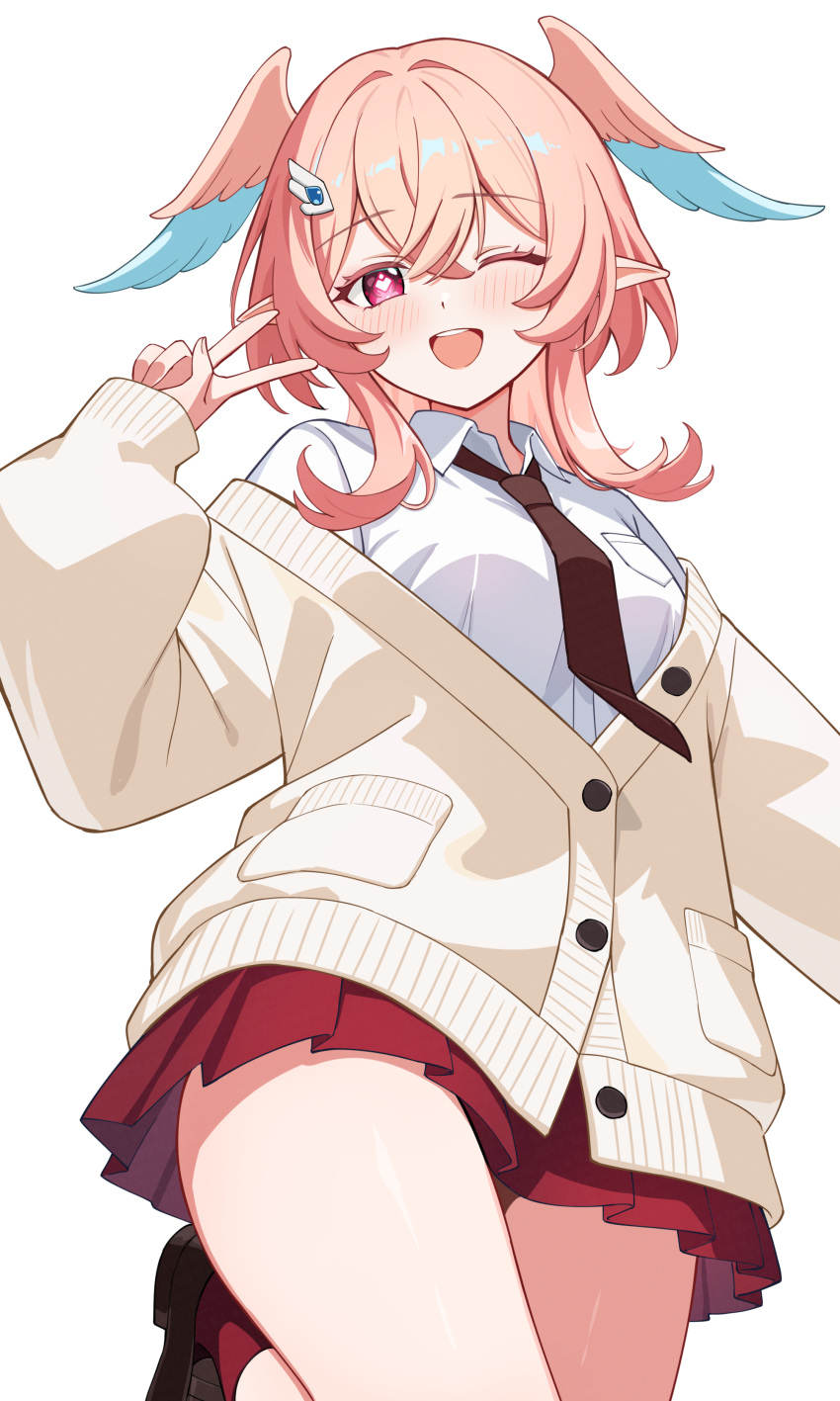 1girl, absurdres, aqua_wings, blush, breasts, brown_necktie, brown_shoes, cardigan, collared_shirt, commentary_request, fingernails, genshin_impact, hair_ornament, hair_wings, hairclip, heart, heart_in_eye, highres, hobio, large_breasts, linnea_(genshin_impact), loafers, long_hair, long_sleeves, looking_at_viewer, necktie, one_eye_closed, open_mouth, pink_eyes, pink_hair, pink_necktie, pink_socks, pink_wings, pleated_skirt, pointy_ears, red_skirt, school_uniform, shirt, shoes, simple_background, skirt, smile, socks, solo, symbol_in_eye, teeth, thighs, upper_teeth_only, v, white_background, white_shirt, wings, yellow_cardigan