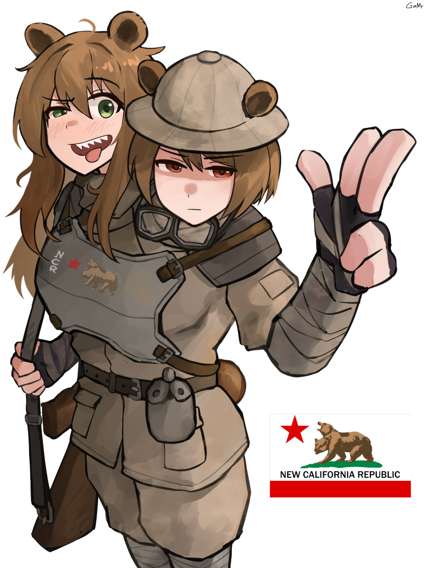 1girl, absurdres, animal_ears, arm_wrap, bear, bear_ears, belt, breasts