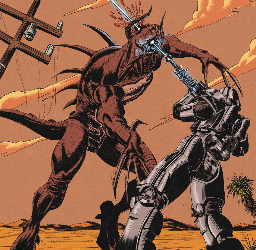 absurdres, armor, blood, blood_splatter, blood_spray, brotherhood_of_steel, claw_mark, claws