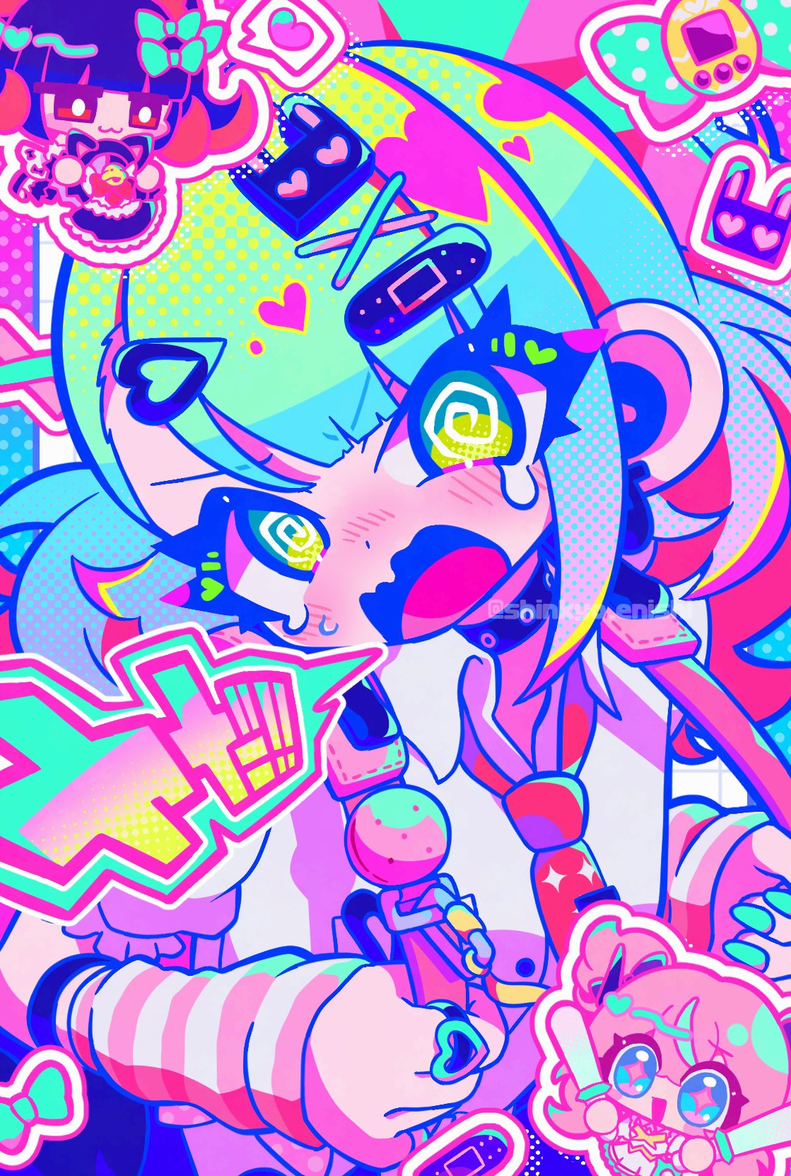 angels_of_delusion, aria_(zenless_zone_zero), arm_warmers, bag, black_hair, blush, bow, chibi