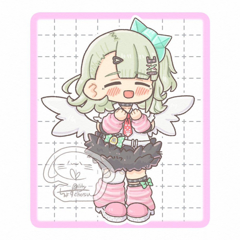 1girl, arm_warmers, blush, chibi, chibi_only, green_hair, hair_ornament, jewelry